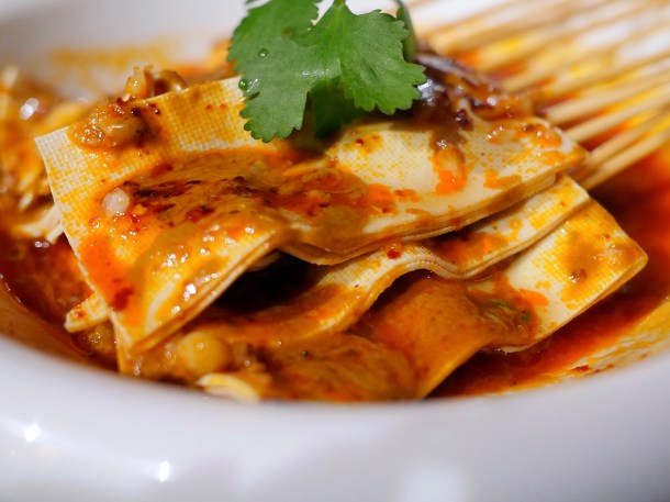 illustrative photo of the tofu skin skewers at Master Wei outdoors