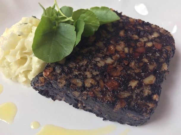 illustrative photo of the cuttlefish black pudding at siren at the goring hotel