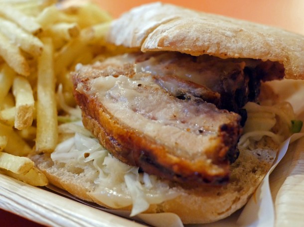 illustrative photo of the roast pork ciabatta with chips from Roast To Go at Mercato Metropolitano Southwark