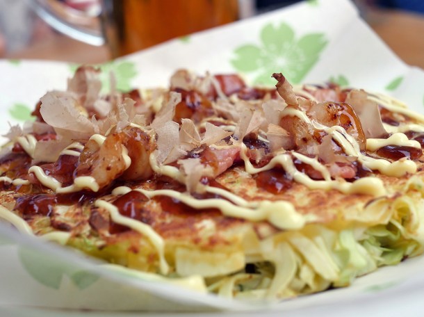 illustrative shrimp and bacon okonomiyaki from maido at mercato metropolitano southwark