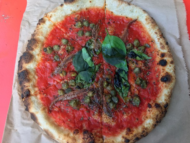illustrative photo of the marinara pizza from Baz and Fred at Flat Iron Square