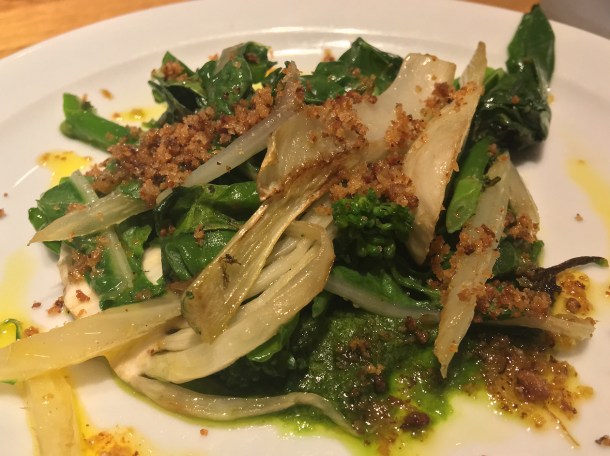 illustrative photo of the charred seasonal greens with pistou at Lupins