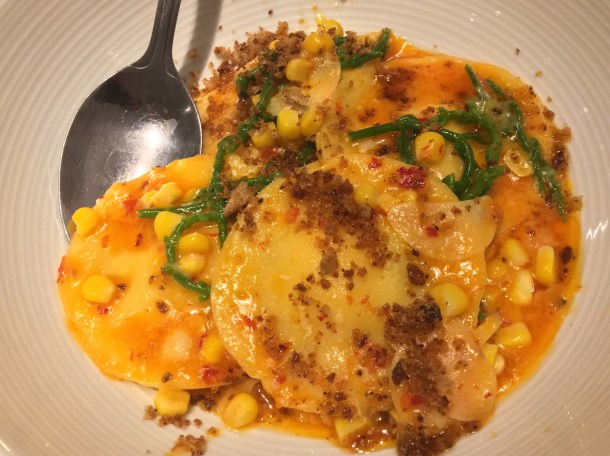 illustrative photo of the corn ravioli with samphire and nduja at Lupins
