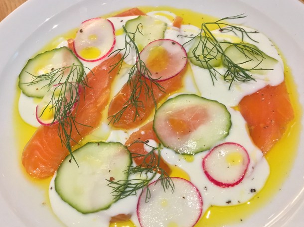 illustrative photo of the cured trout in cream with dill, cucumbers and radishes at Lupins