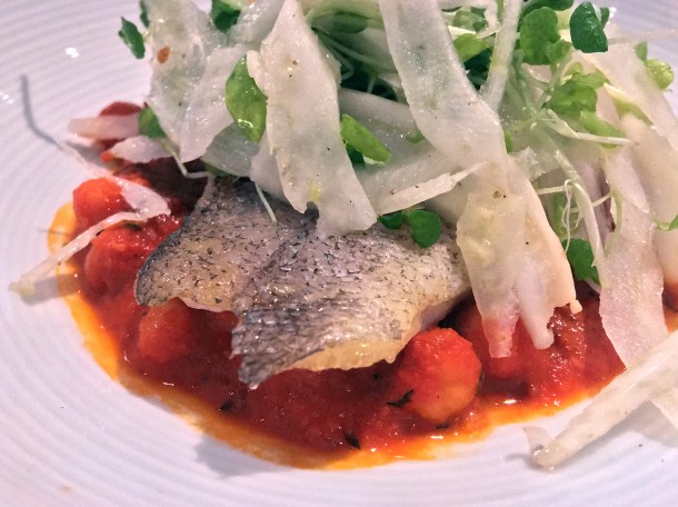 illustrative photo of the pollock with nduja, chickpeas, shrimp and fennel at Lupins