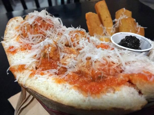 illustrative photo of the pork meatball sandwich from Sugo at Vinegar Yard