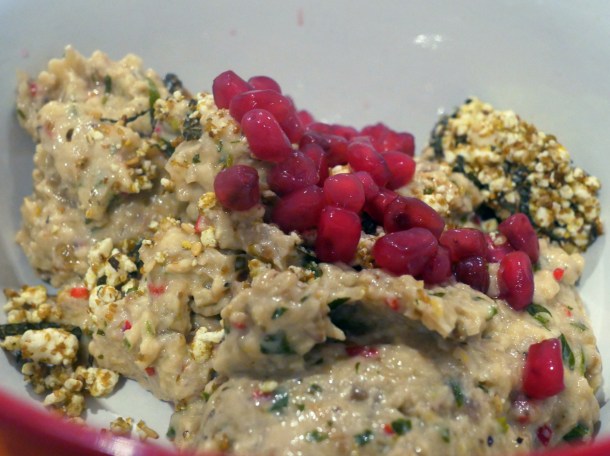 illustrative photo of the smoked aubergine with feta and pomegranate from Charred