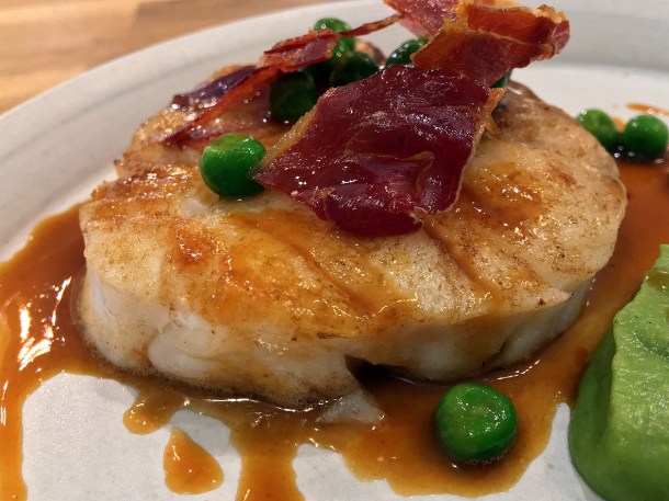 illustrative photo of the cod with peas in chicken sauce at The Gaff Abergavenny