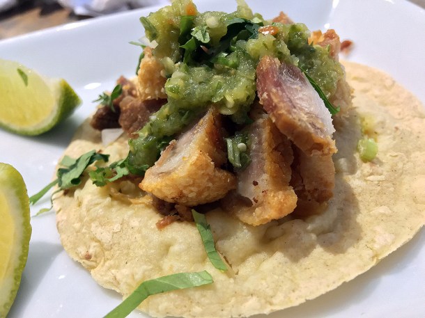 illustrative photo of the chicharrón pork belly tacos special at La Chingada