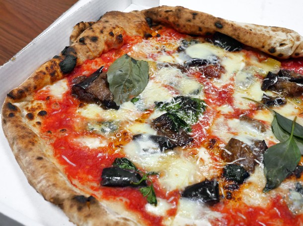 illustrative photo of the aubergine and gorgonzola pizza from Theo's Elephant and Castle