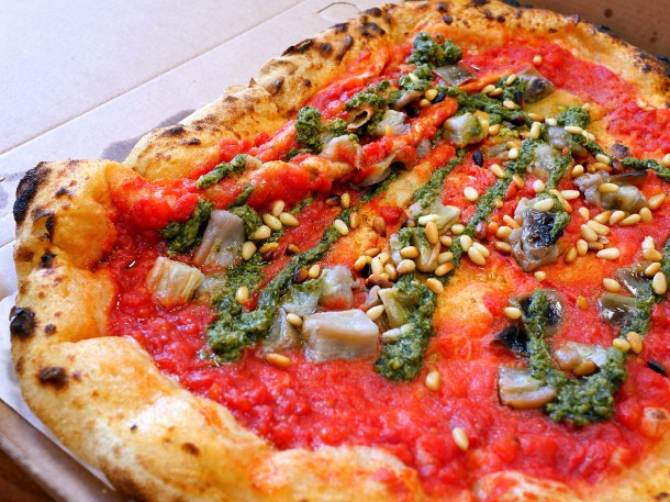 illustrative photo of the charred aubergine and pine nut pizza from Gordon Ramsay Street Pizza Southwark