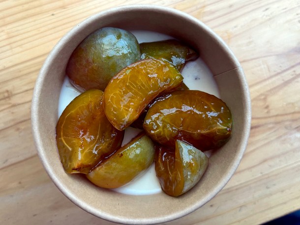 illustrative photo of the buttermilk pudding with plums at Acme Fire Cult
