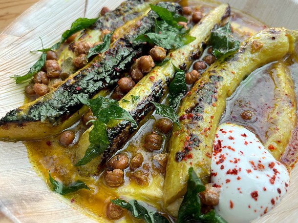 illustrative photo of the trombetta courgettes with chickpea curry butter at Acme Fire Cult