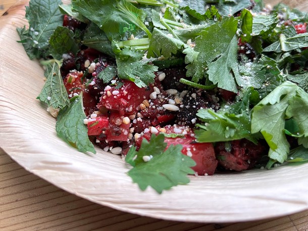 illustrative photo of the white peach and beetroot larb at Acme Fire Cult