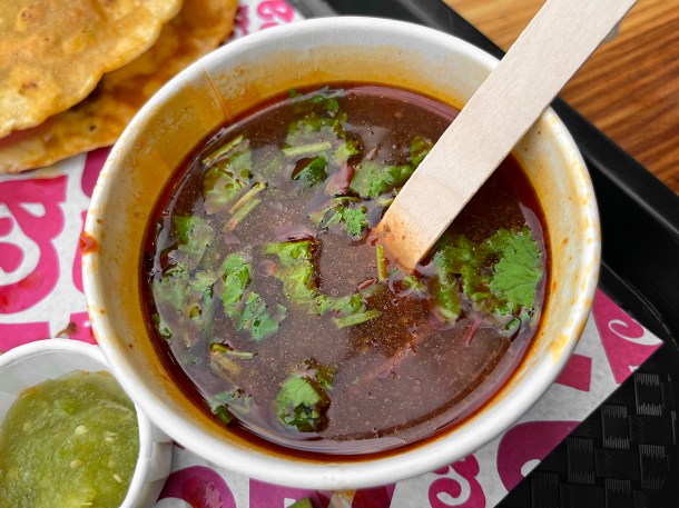 illustrative photo of the beef birria broth at Taca Tacos Deptford