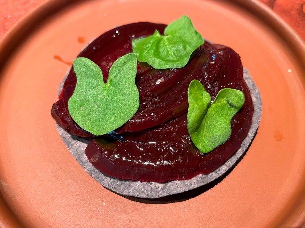 illustrative review of the baked beetroot tostada at Fonda