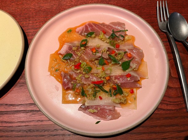 illustrative photo of the bluefin tuna crudo at Fonda