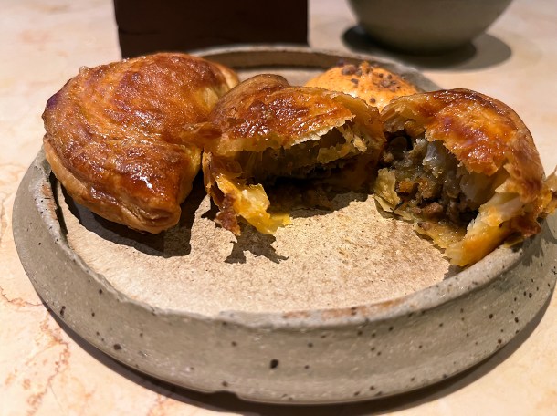 illustrative photo of the beef fataya with ata din din emulsion at Akara