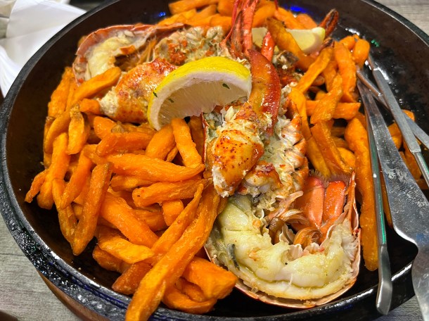 illustrative photo of the lobster and sweet potato fries from the Mixed Platter at Bronek's