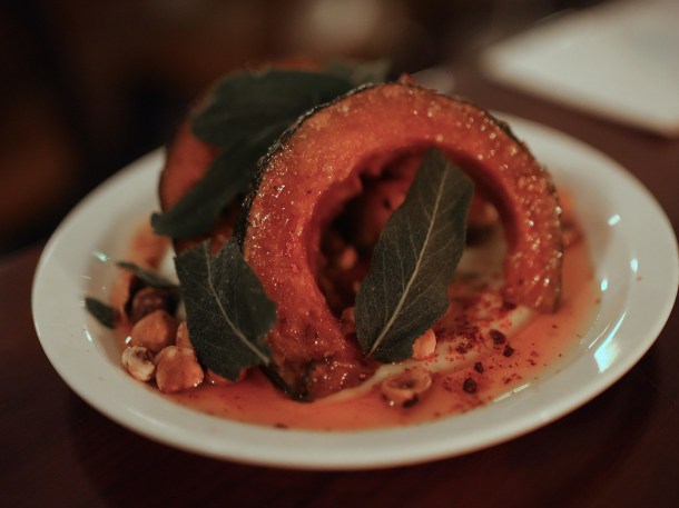 illustrative photo of the pumpkin with colston bassett, honey and hazelnuts at Hausu